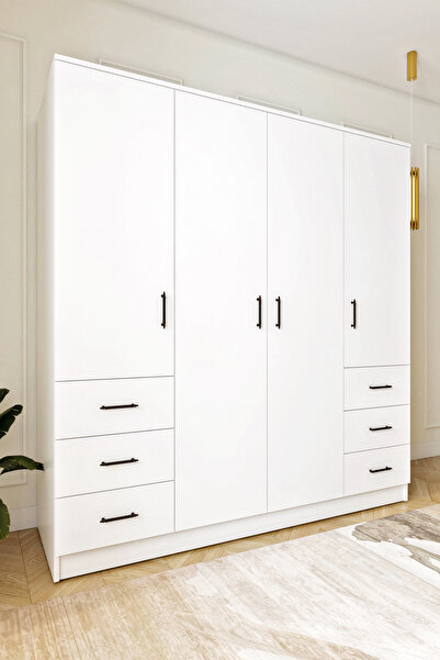 Ases Mobilya Asl8850 Gardırop 6 Çekmeceli 4 Kapaklı Geniş Modern Tasarım Beyaz-Safir Meşe