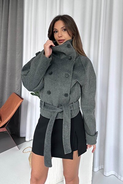 Mine Tan Butik Dik Yaka Kaşe Kadın Kaban - Gri