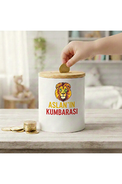 Geepkids Aslan'ın Kumbarası - İsme Özel Tasarım Ahşap Kapaklı Porselen Kumbar...