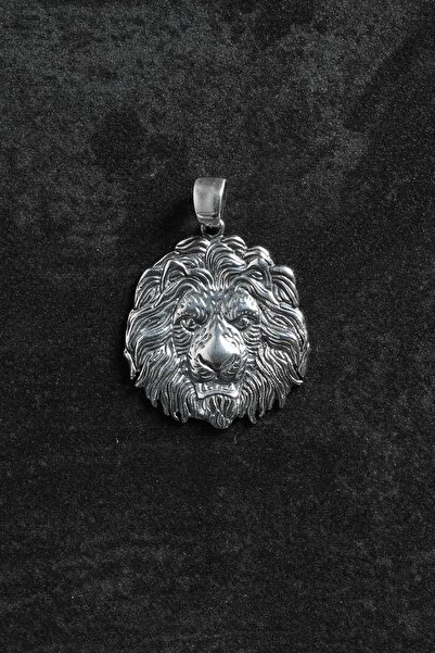 FRNCH 925 Ayar Gümüş Aslan Başı Figürlü Gümüş Renk Erkek Kolye Ucu FRKU-1038
