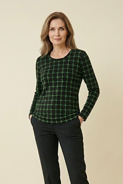 YXL COLLECTION بلوزة نسائية مقاس كبير قماش قابل للتمدد برقبة دائرية ونقشة مربعة ناعمة للأمهات