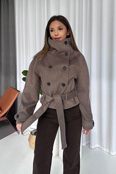 Mine Tan Butik Dik Yaka Kaşe Kadın Kaban - Kahverengi