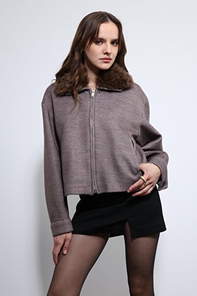 Antioch Açık Vizon Yün Karışımlı Suni Kürk Yaka Ceket