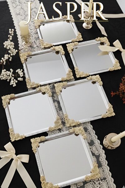 JASPER 1 Piece Silver Gold Framed Floral Patterned Stainless Decorative Square Presentation Tray