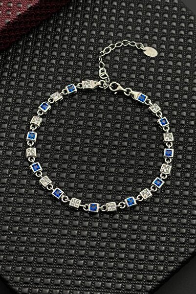 FRNCH 925 Ayar Gümüş Lacivert-Beyaz Zirkon Taşlı Gümüş Renk Erkek Bileklik FR...