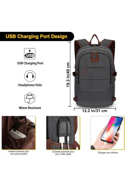 Tzowla Canvas Laptop Backpack - Anti-Theft, USB Charging Port & Lock, Fits 15.6" Laptop