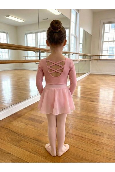 Yıldız Bale Kostüm ve Spor Light Pink Uzunkol Cross-Back Ballet Leotard & Chiffon Skirt & Headband