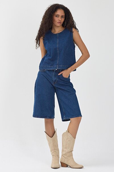 Polo State Women's Navy Blue Denim Vest & Capri Jean Shorts Two Piece Set