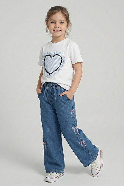 Dmb Pantaloni de blugi confortabili pentru fete, cu detaliu brodat cu fundă