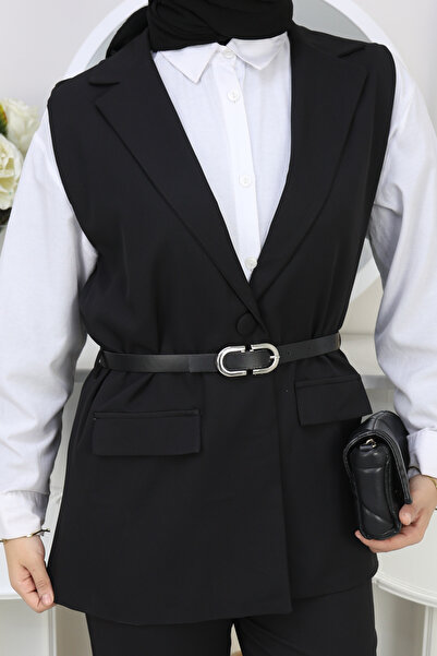 moda paketi Women's Belted Vest Pants Set – Hijab-Friendly Stylish Two-Piece Set Office Combination-Lined