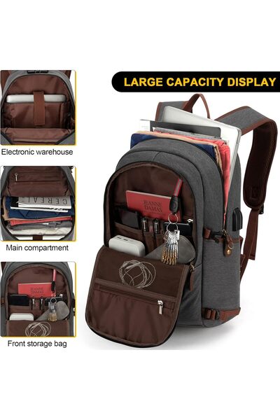 Tzowla Canvas Laptop Backpack, Anti-Theft Travel Rucksack with USB Port, Fits 15.6-inch Laptop