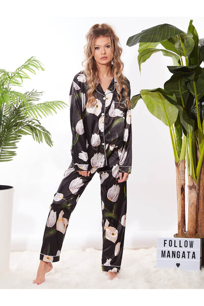MANGATA Women's Black Pajama Set 7 Pieces Tulips