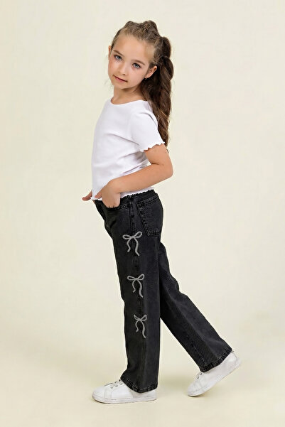 Dmb Pantaloni de blugi confortabili pentru fete, cu detaliu brodat cu fundă