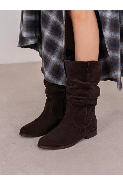 ECENİN BUTİĞİ Mireku Kahve Süet Hakiki Deri Kadın Çizme