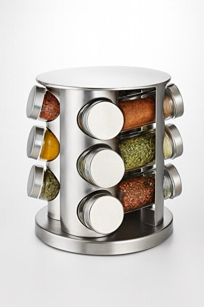 ZÜRİH COLLECTİON Dönerli Metal Yuvarlak Baharatlık Seti 12'Lİ Gümüş Renk