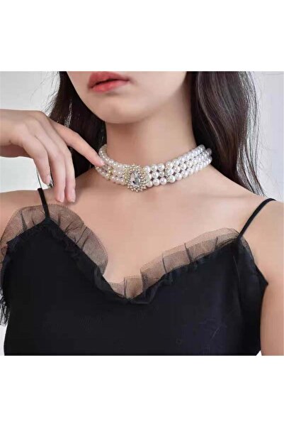 Pelin Aksesuar Big Stone Three Rows Pearl Bridal/Evening Dress Choker Necklace