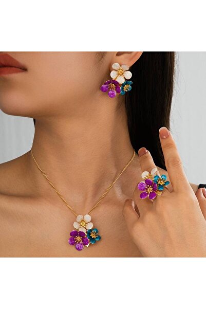 İnci Mercan Bujiteri 3 Parça Çiçekli Takı Seti (Kolye, Küpe, Yüzük)