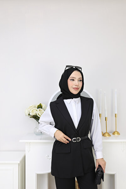 moda paketi Women's Belted Vest Pants Set – Hijab-Friendly Stylish Two-Piece Set Office Combination-Lined