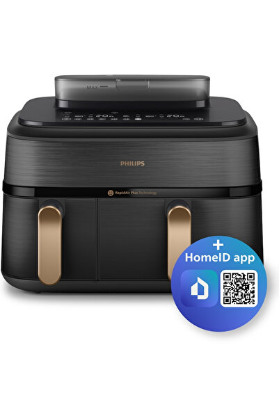 Philips Φριτέζα αέρα διπλού καλαθιού Airfryer Series 5000 με ατμό NA 552/00, μαύρη με χάλκινη λαβή