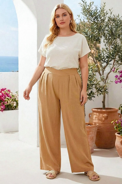 Stil Diva Plus Size Pleated Pocket Wide Leg Stretch Fabric Pants 875-V
