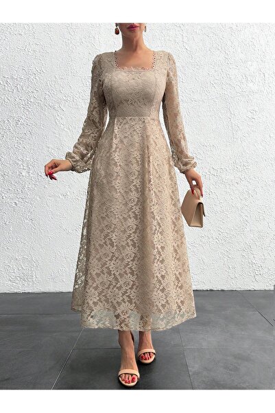 mass fashion Kadın Kare Yaka Dantel Detaylı Uzun Elbise