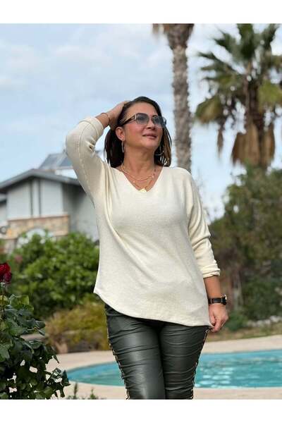 Punta Otantik Nc22326 V-Neck Italian Basic Angora Blouse Cream