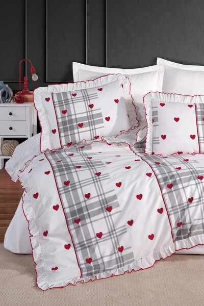 GÖRMEZ TEKSTİL Love Check - Set de lenjerie de pat roșu pentru o persoană, din bumbac natural cu volane