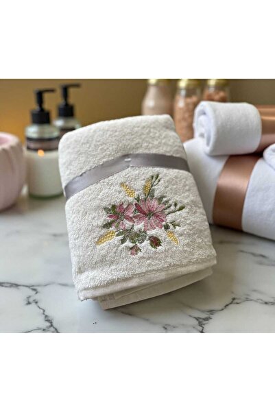 Ercahome tekstil 100% Cotton Cream Floral Embroidered Double Soft Face Towel ...
