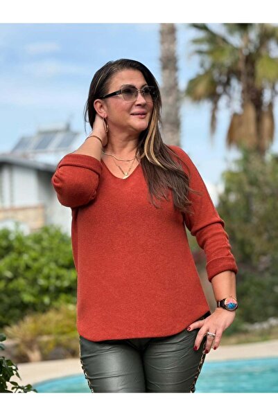 Punta Otantik NC22326 V-подібний виріз Італійська базова ангорська блуза Цегл...