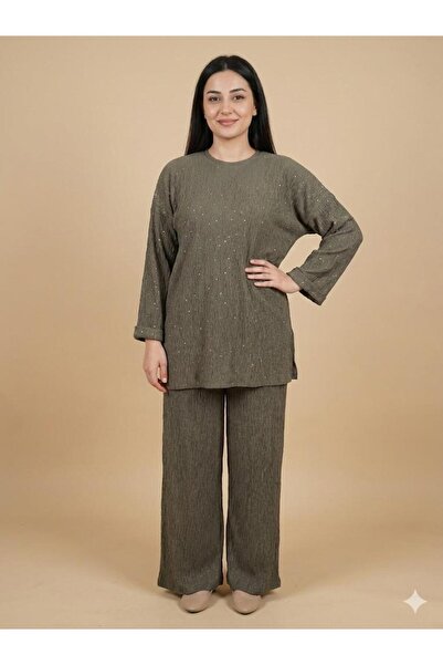 F&D Tekstil Kadın Taş İşlemeli Yırtmaçlı Oversize İkili Alt Üst Takım