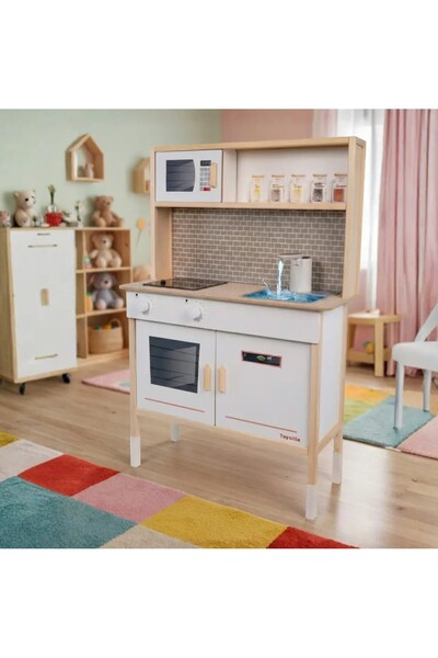 Toysilla Gerçek Su Akan Musluklu ve Işıklı Ocaklı Ahşap Oyuncak Mutfak Seti -...