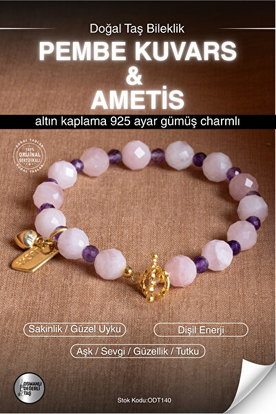 OSMANLI DEĞERLİ TAŞ Sertifikalı Pembe Kuvars & Ametist Doğal Taş Altın Kaplam...