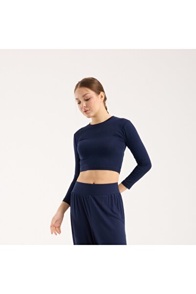 Kadın Lacivert Uzun Kollu Crop Top, Esnek Kumaş, Rahat Fit, Günlük & Spor Kullanım