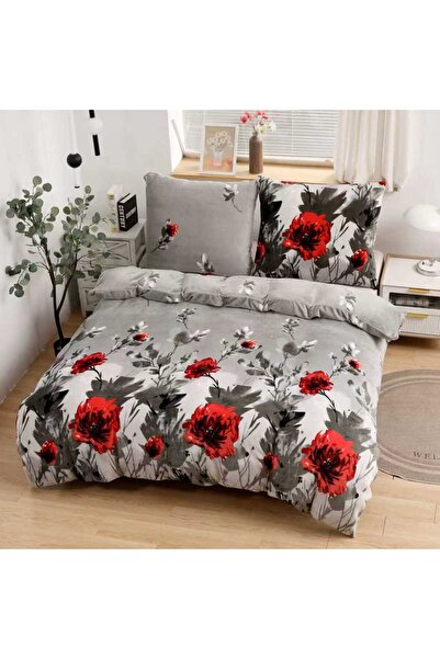 trendyhome Double Fitted Bed Linen, Fluffy Material, 4 Pieces – Floral, Gray/Red, N 15241