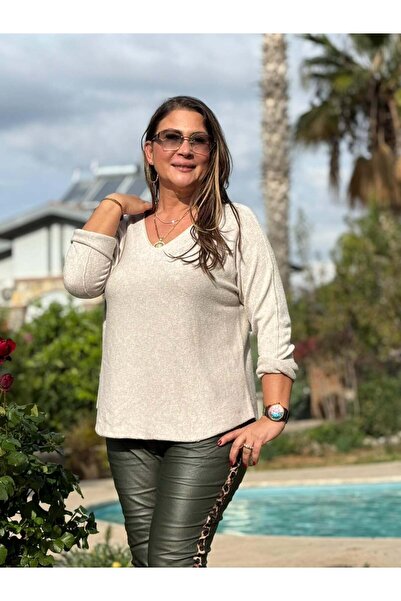 Punta Otantik بلوزة إيطالية أساسية من الأنجورا بياقة على شكل V من NC22326 بلو...