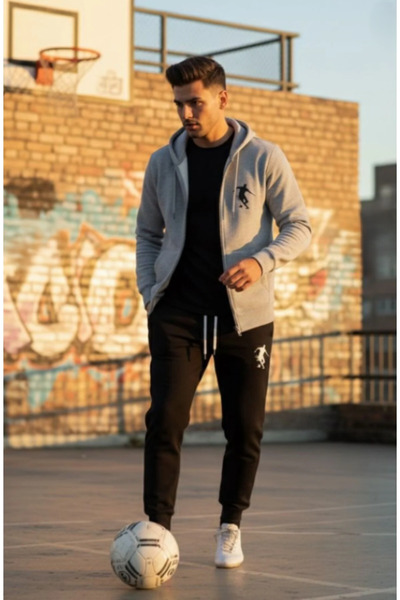 ALCİNOUS Football Silhouette Printed Tracksuit Set Hooded Zippered Sweat Jack...