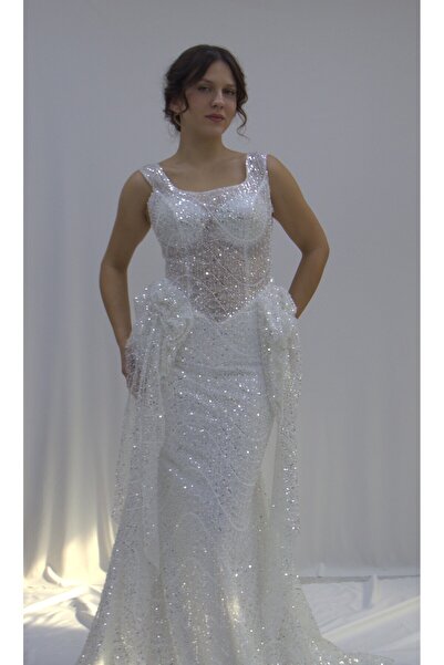 ÇİSEM MODA TAM İŞLEMELİ TRANSPARAN ATLET YAKA KALIN ASKILI BALIK KESİM GELİNLİK