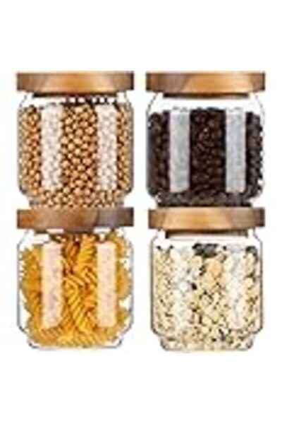 ABAREEK Glass Storage Containers Set of 4, 15oz Borosilicate Jars with Acacia Wood Lids