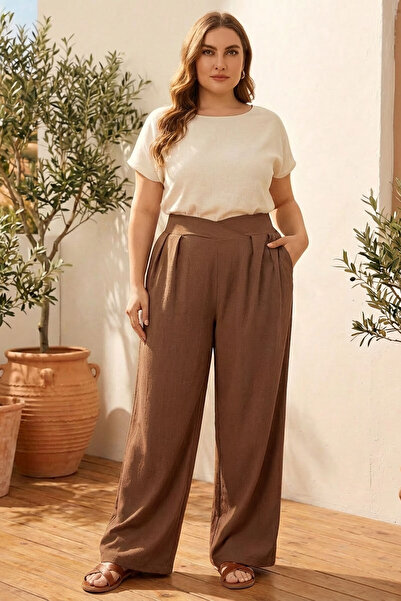 Stil Diva Plus Size Pleated Pocket Wide Leg Stretch Fabric Pants 875-V