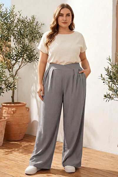 Stil Diva Plus Size Pleated Pocket Wide Leg Stretch Fabric Pants 875-V