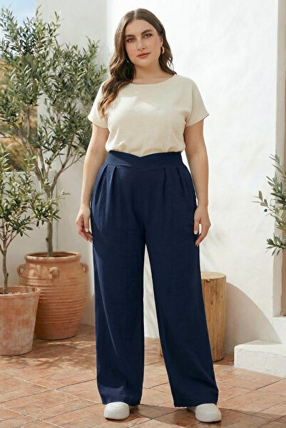 Stil Diva Plus Size Pleated Pocket Wide Leg Stretch Fabric Pants 875-V