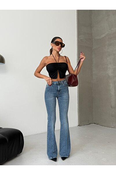 HerTon Yüksek Bel İnce Gösteren Likralı Denim Flare Kadın Jean Pantolon – Mavi