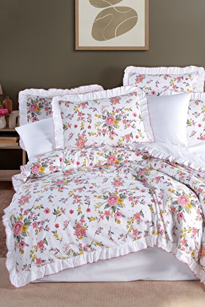 GÖRMEZ TEKSTİL Rose Elegance - Single Duvet Cover Set Ruffled Natural Cotton