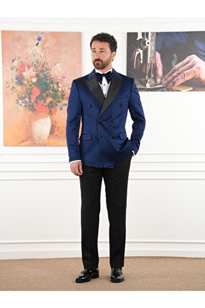 PAREZ Erkek Slim Fit İtalyan Stil Jakar Desenli Damatlık Smokin Ceket Pantolo...