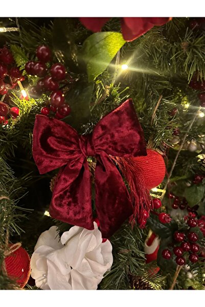 LYN HOME & DECOR Kadife Kırmızı Kurdele Fiyonk Yılbaşı Ağacı Süsü – 12x14 cm Premium Dekoratif Aksesuar