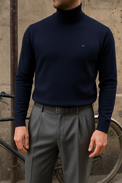 comstar Men's Premium High Neck Navy Blue Knit Sweater