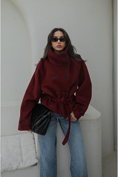 Havoş Bordo Arica Dik Yaka Kısa Kaşe Kaban