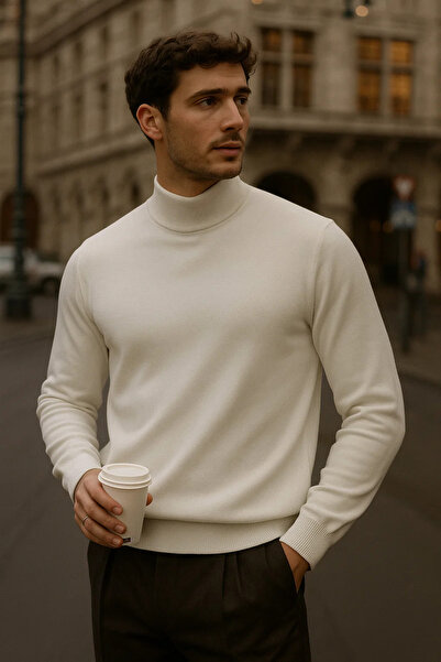 COMBİNE MİCHAİL Men's Long Sleeve High Neck Loose Cream Knit Sweater
