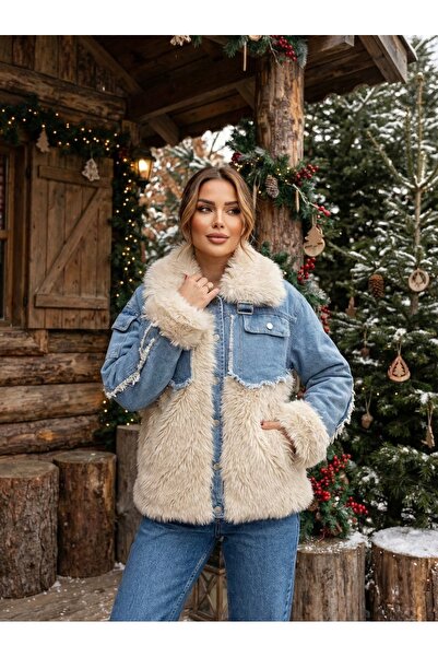 Boutique Teks Kadın Mavi İtalyan Tasarım Kürklü & Peluş Detaylı Oversize Kot ...