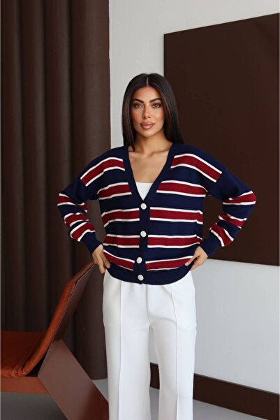 DONNA LISSA Women's Striped Button Detailed Oversized Knitwear Cardigan